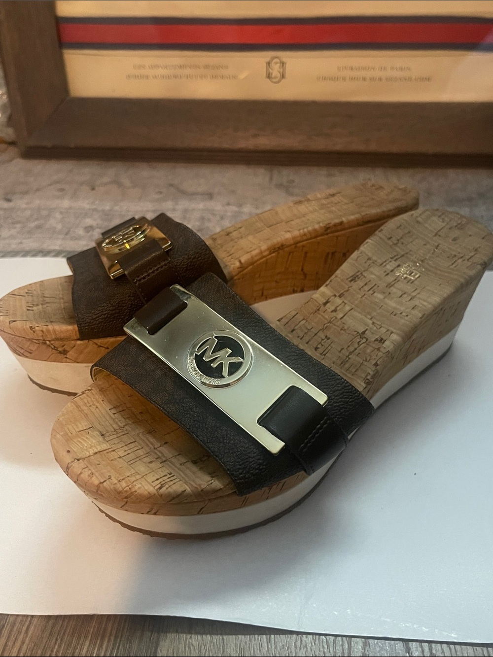 Michael Kors Brown Monogram Cork Wedge Slide Sandals with Gold Logo - Picture 3 of 12